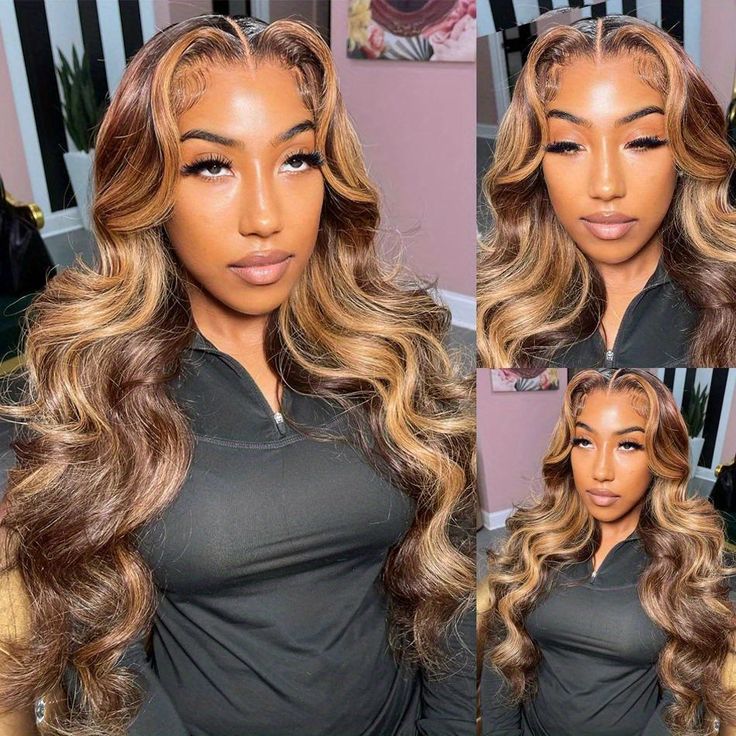 Highlight Honey Brown #4/27 Body Wave Transparent Lace Closure Human Hair Wigs With Baby Hair