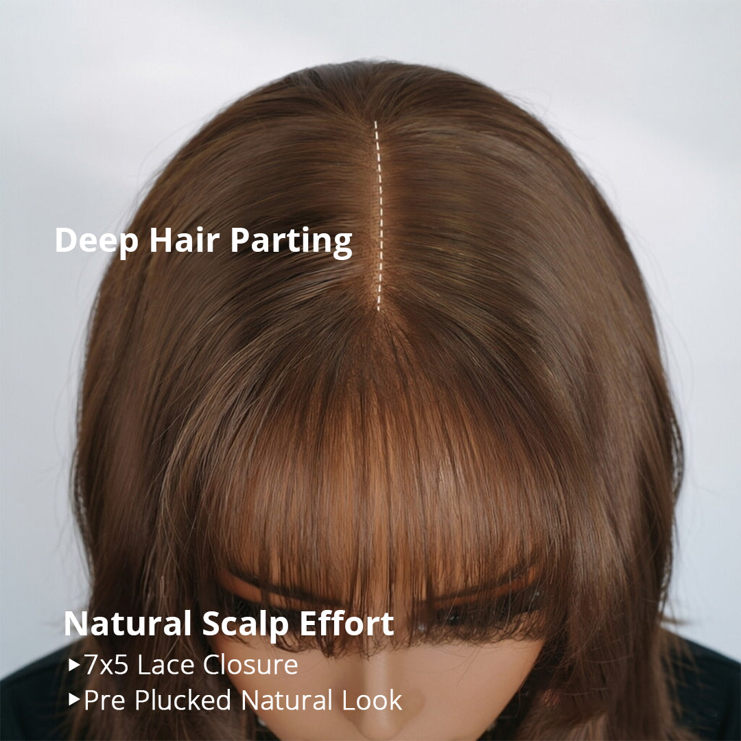 Zlike #4 Dark Brown Body Lace Front Glueless Wigs With Curtain Bangs