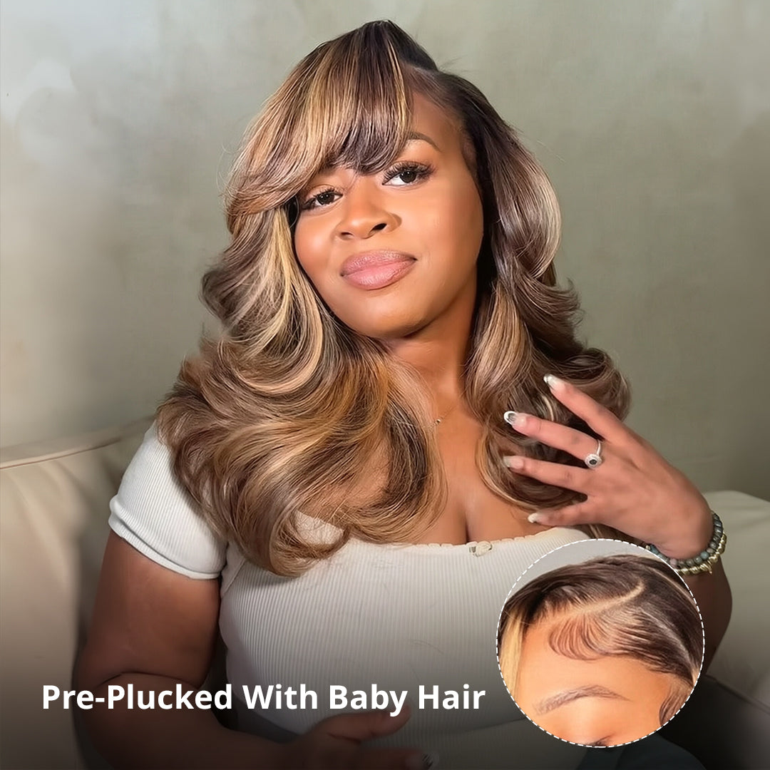 Zlike Layered Brown Balayage Body Wave 13X4 Lace Ready To Go Wig Side Bangs with Drawstring