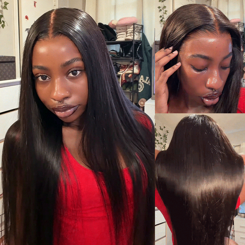 Zlike 300% Density Straight Human Hair Lace Front Wigs 13x6 Glueless Pre-Cut Lace Wig With Drawstring Natural Color