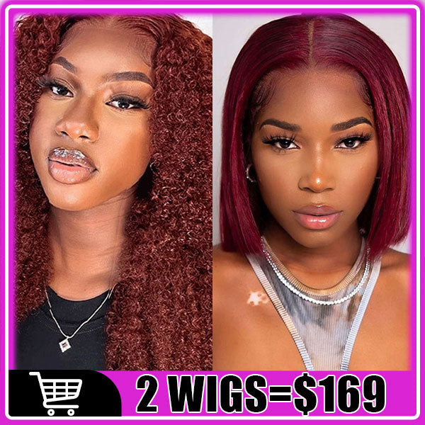 169=2 Wigs Reddish Brown #33 Curly Lace Front Human Hair Wigs + 99J 13x4 Bob Wig Human Hair Flash Sale