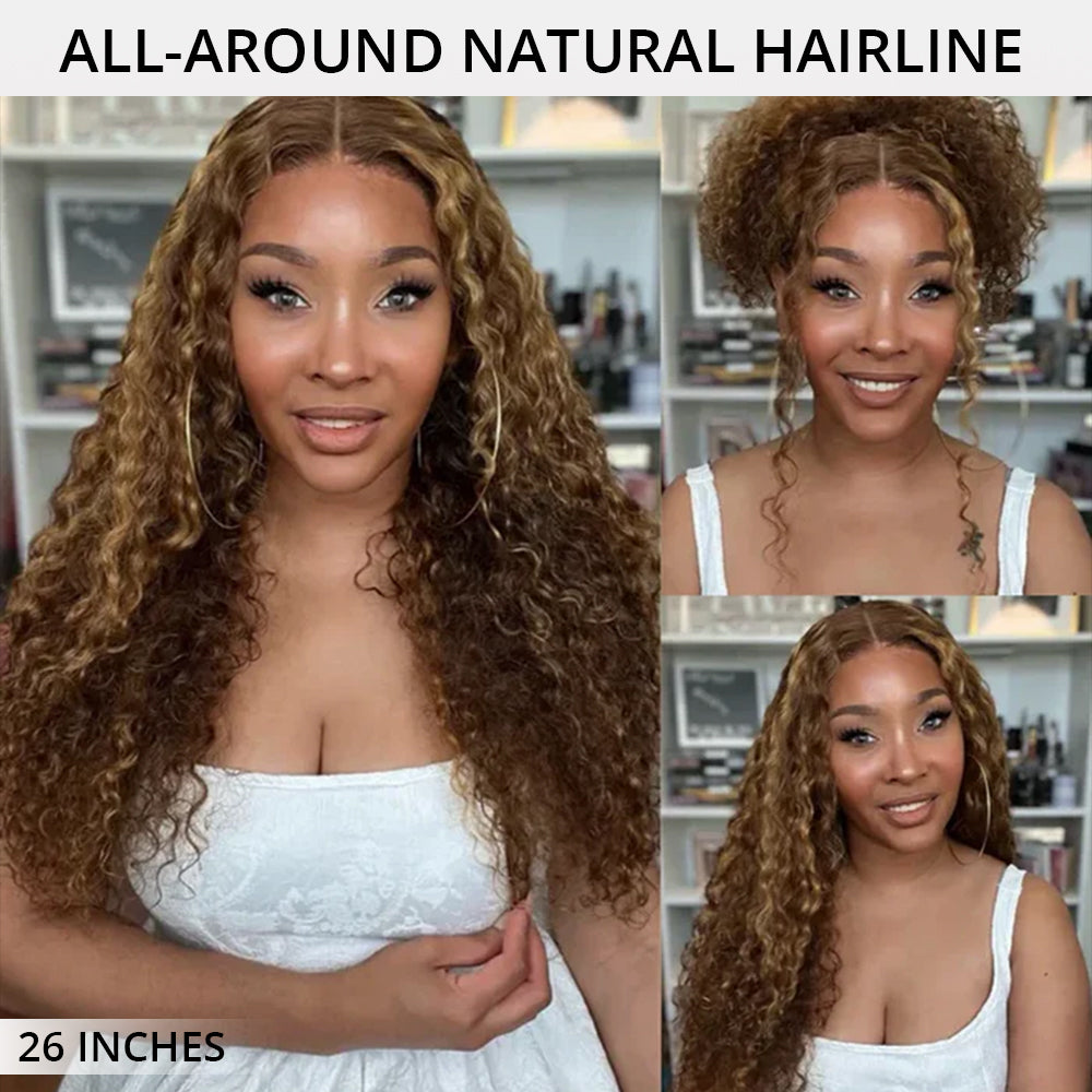Flash Sale | Glueless 360 Invisi-Band Water Wave Lace Frontal Wigs Highlight Honey Blonde Human Hair Wigs