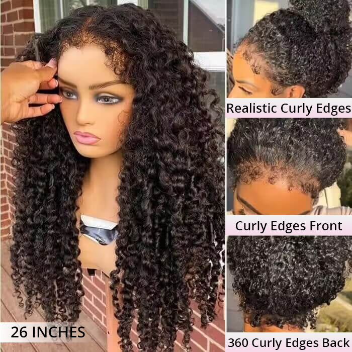 Zlike 4C Curly Edge 300% Density Human Hair Wigs Water Wave Pre Cut Glueless Invisi-Band 360 Lace Frontal Wigs