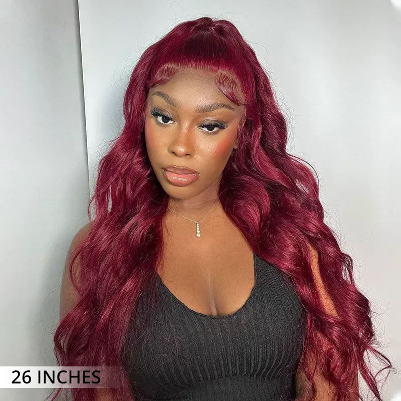 Clearance Sale | 99J Burgundy Red Colored Body Wave 100% Human Hair Transparent Lace Front Wigs