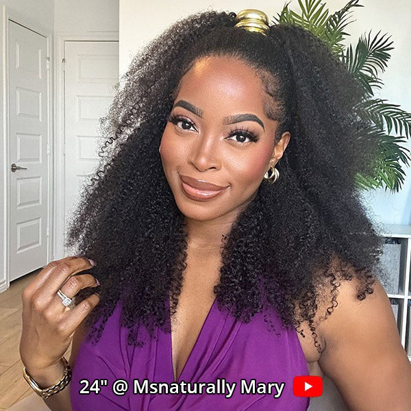 3 In 1 Half Wigs Afro Curly Flexible Fit with Elastic Drawstring Glueless Human Hair Wigs