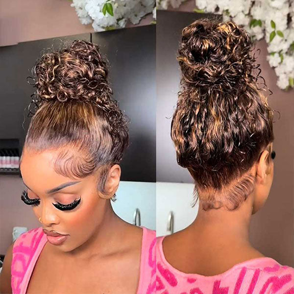 Water Wave Invisi-Band 360 Lace Frontal Wigs Highlight Honey Blonde Glueless Human Hair Wigs