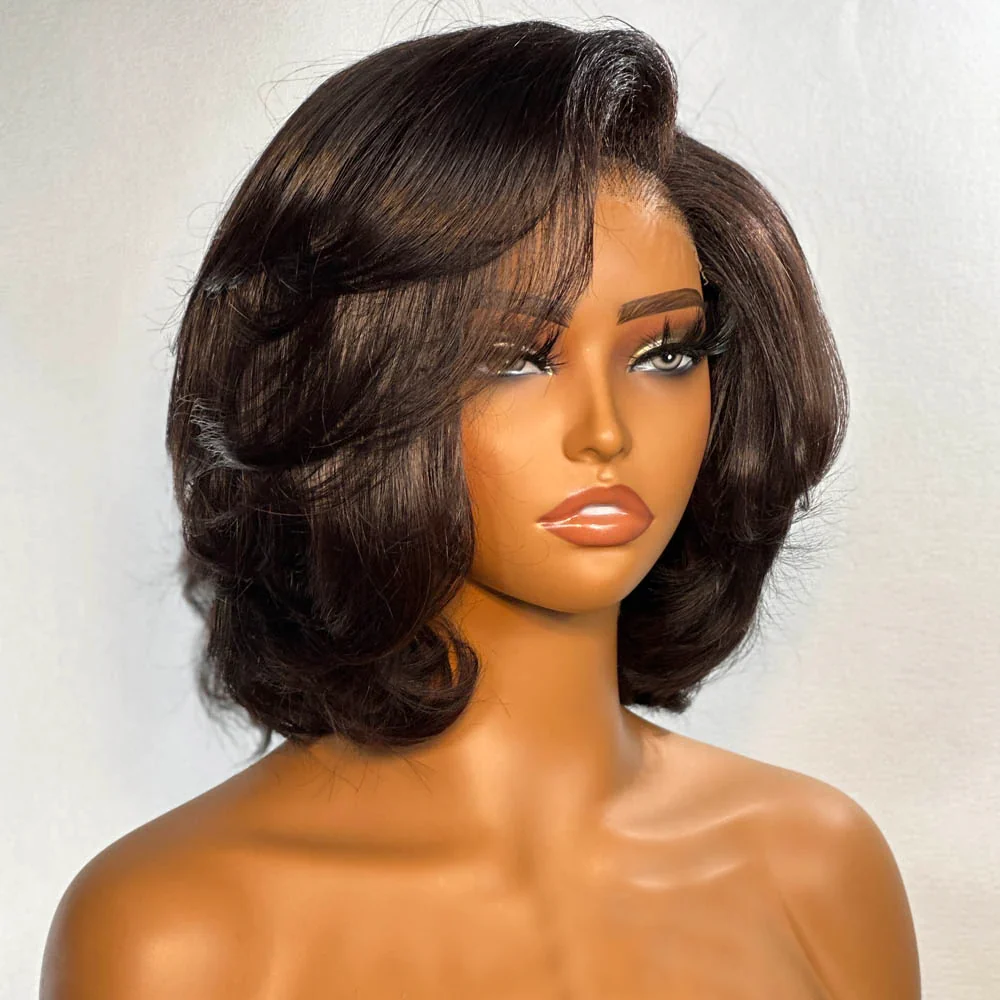 Zlike 250% Density Side Part Layered Blowout Bob Glueless Lace Wig Human Hair