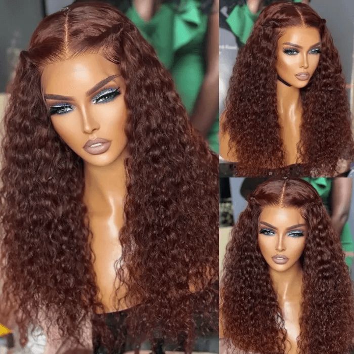 Water Wave Transparent Lace Front Wig Reddish Brown Human Hair Wigs With Baby Hiar