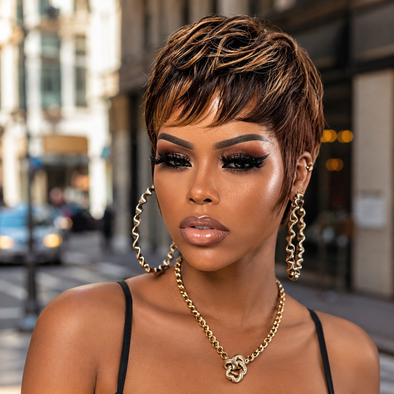 Zlike Brown & 33 Shaggy Mullet Pixie Cut Wig with Bangs Brazilian Virgin Human Hair Glueless Machine-Made Ready-to-Wear Wig