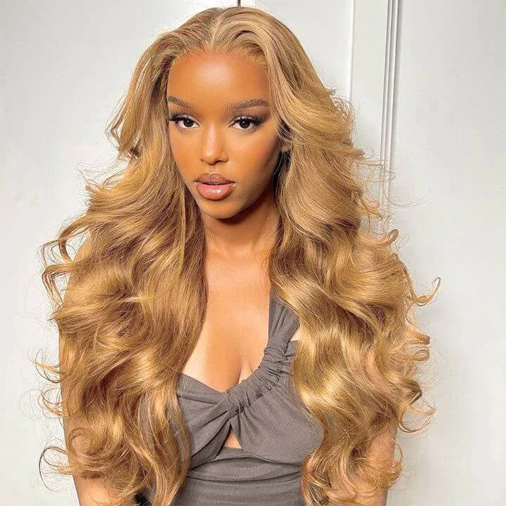 Honey Blonde #27 Highlight Body Wave Human Hair Wigs Lace Front Wig-Zlike