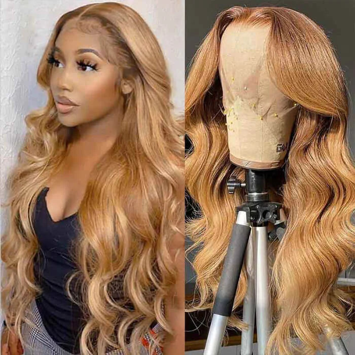 Honey Blonde #27 Highlight Body Wave Human Hair Wigs Lace Front Wig-Zlike