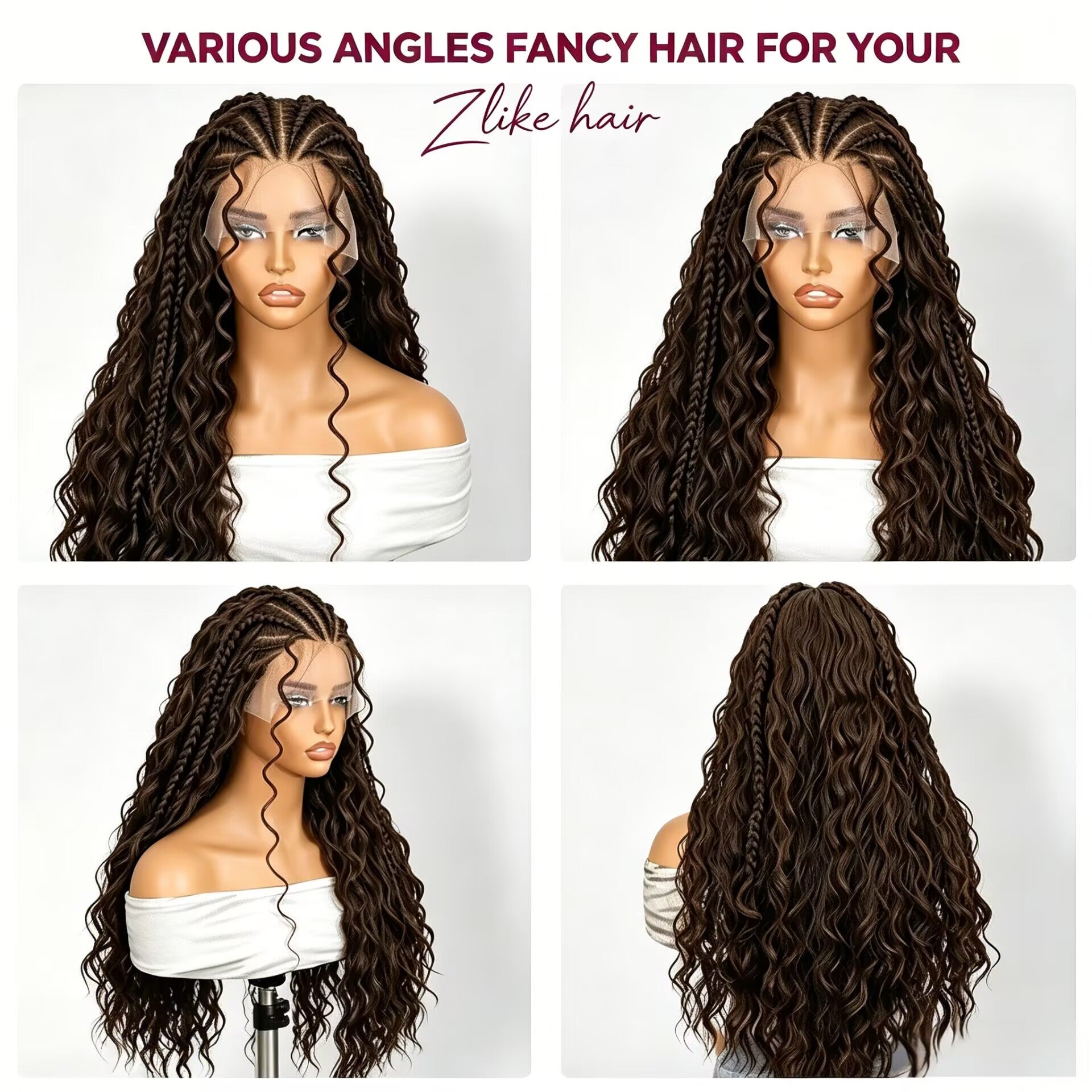 Zlike 13x6 Lace Front Cornrow Curly Boho Braids Wig with Face Framing Glueless Pre Plucked Lace Wig with Baby Hair