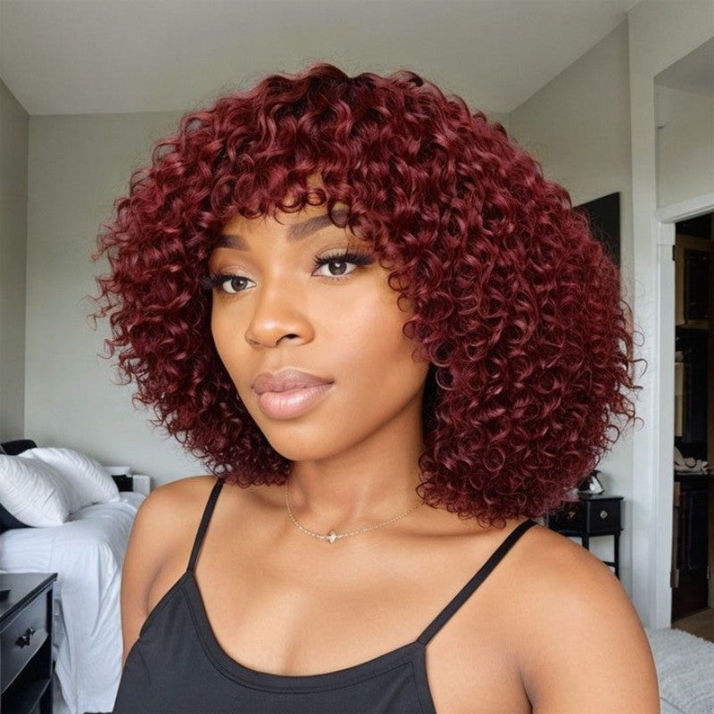 Put On To Go Jerry Curly No Lace Glueless Short Bob 100% Human Hair Wigs With Bangs