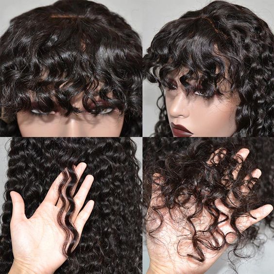 Zlike Curly Wave Wig With Bangs Natural Color Human Hair Glueless Wigs