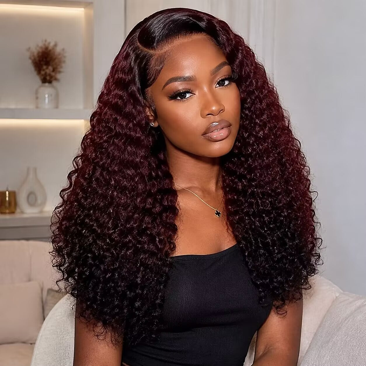 Zlike 300% Density Ombre 99J Burgundy Curly Human Hair Wig Transparent Lace Front Glueless Wig