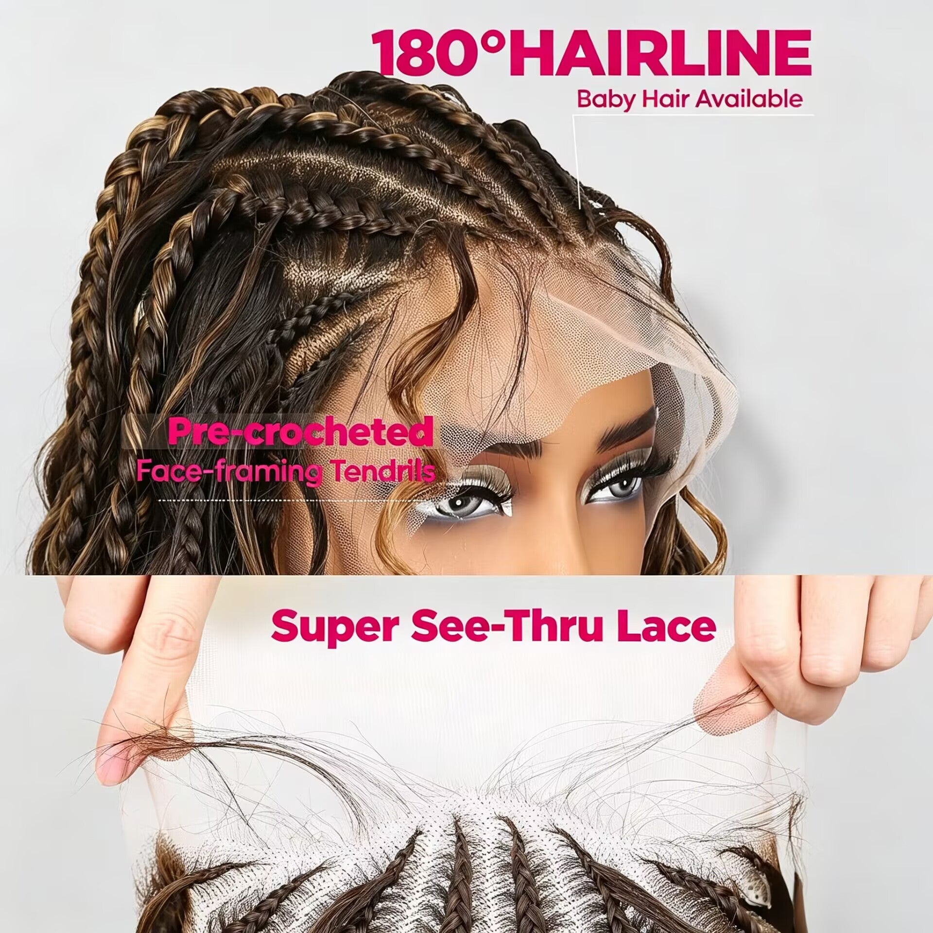 Zlike 13x6 Lace Front Braided Wig Cornrow Curly Boho Braids Wig with Face Framing Layers Pre-Plucked Glueless Lace Frontal Wig with Baby Hair