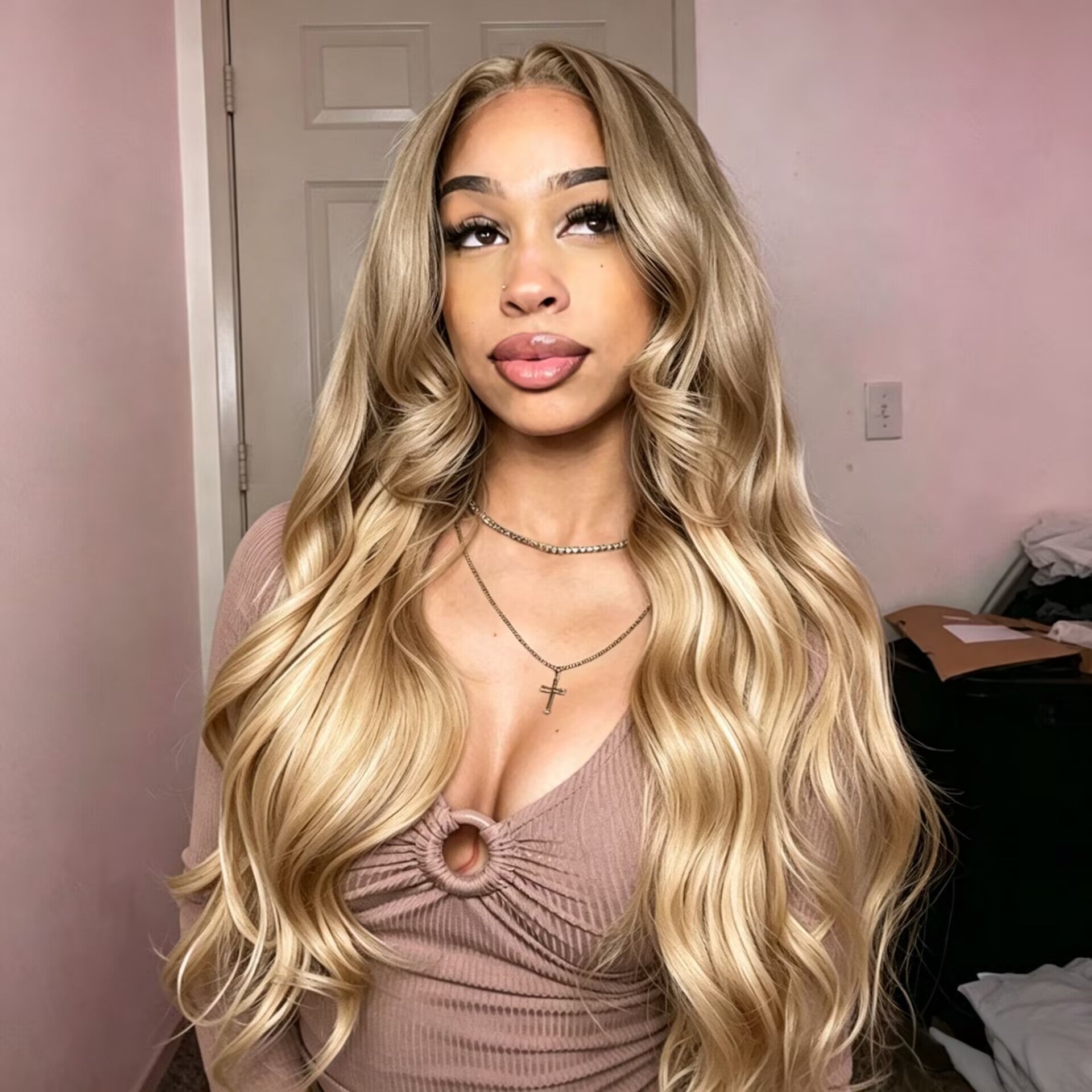 Honey Blonde Balayage Body Wave Wig Human Hair 7x5 Lace Glueless Wig Face Framing Highlight Human Hair Wig