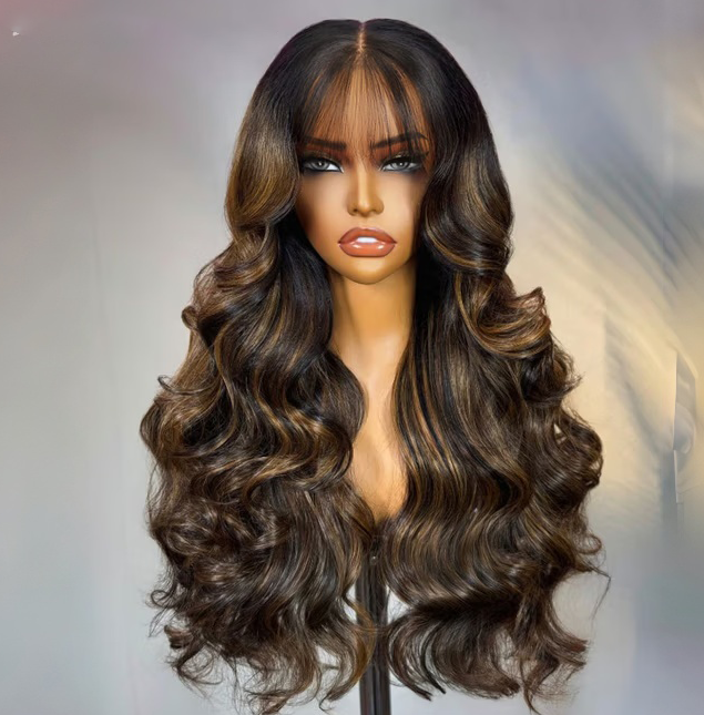 Zlike Balayage Highlights Fluffy Natural Loose Wave Wigs 100% Human Hair Lace Front Wigs With Bangs