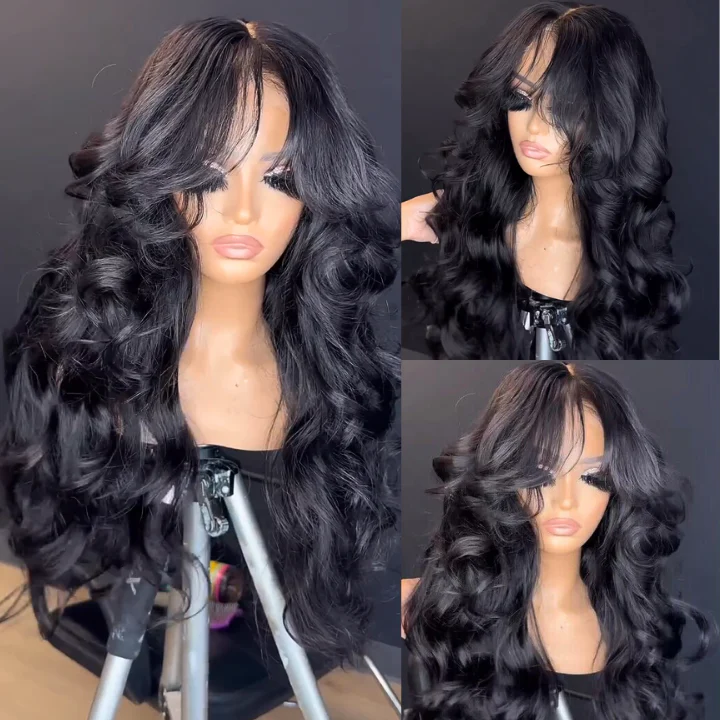 Zlike Loose Wave With Curtain Bangs 100% Glueless Human Hair Wigs Pre Cut Lace Front Wigs