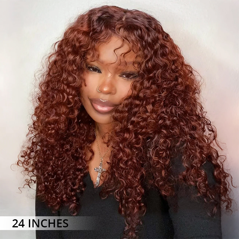 Zlike #33 Reddish Brown 7x5 Lace Closure Jerry Curly 100% Human Hair Glueless Wigs With Pre Plucked Hairline