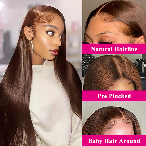 Pre Plucked #4 Chocolate Brown Silky Straight Lace Front Human Hair Wigs With Baby Hair