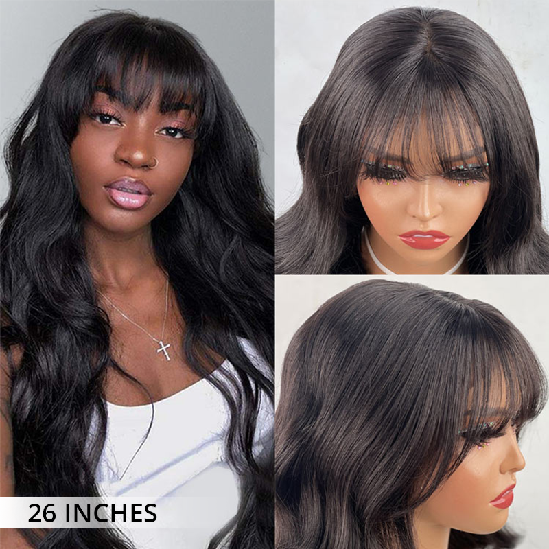 Ready To Go Glueless Body Wave Transparent Top Lace Wig Pre Bleached Human Hair Wigs With Bangs