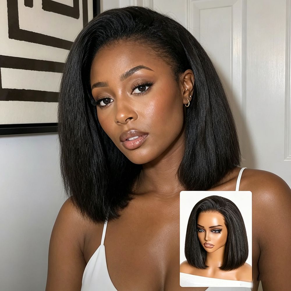 Zlike 3-In-1 Half Wig 180% Density Kinky Straight Bob Glueless Flexi-Fit Drawstring Wigs