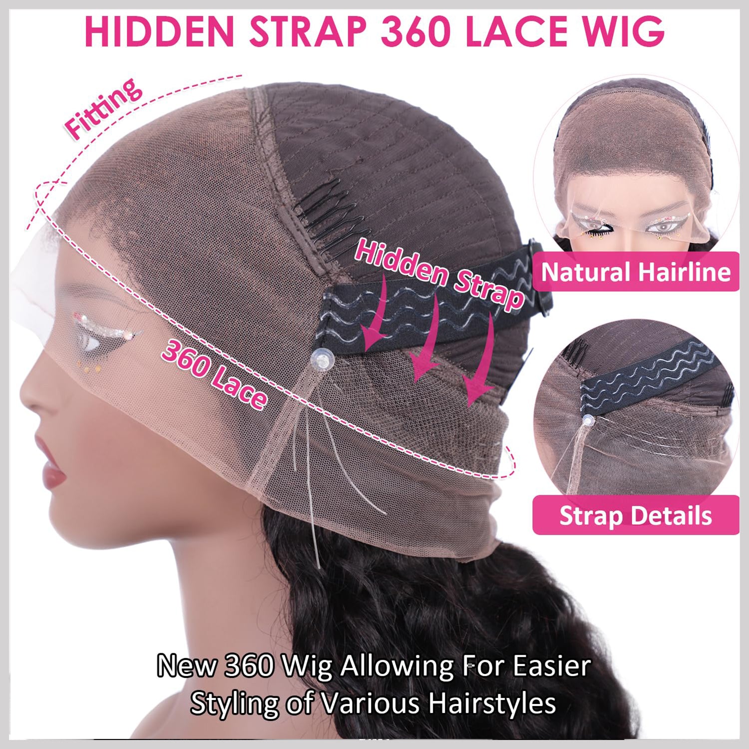 Water Wave Invisi-Strap Breathable 360 Lace Frontal Wigs Bleached Knots Pre Cut Human Hair Wigs