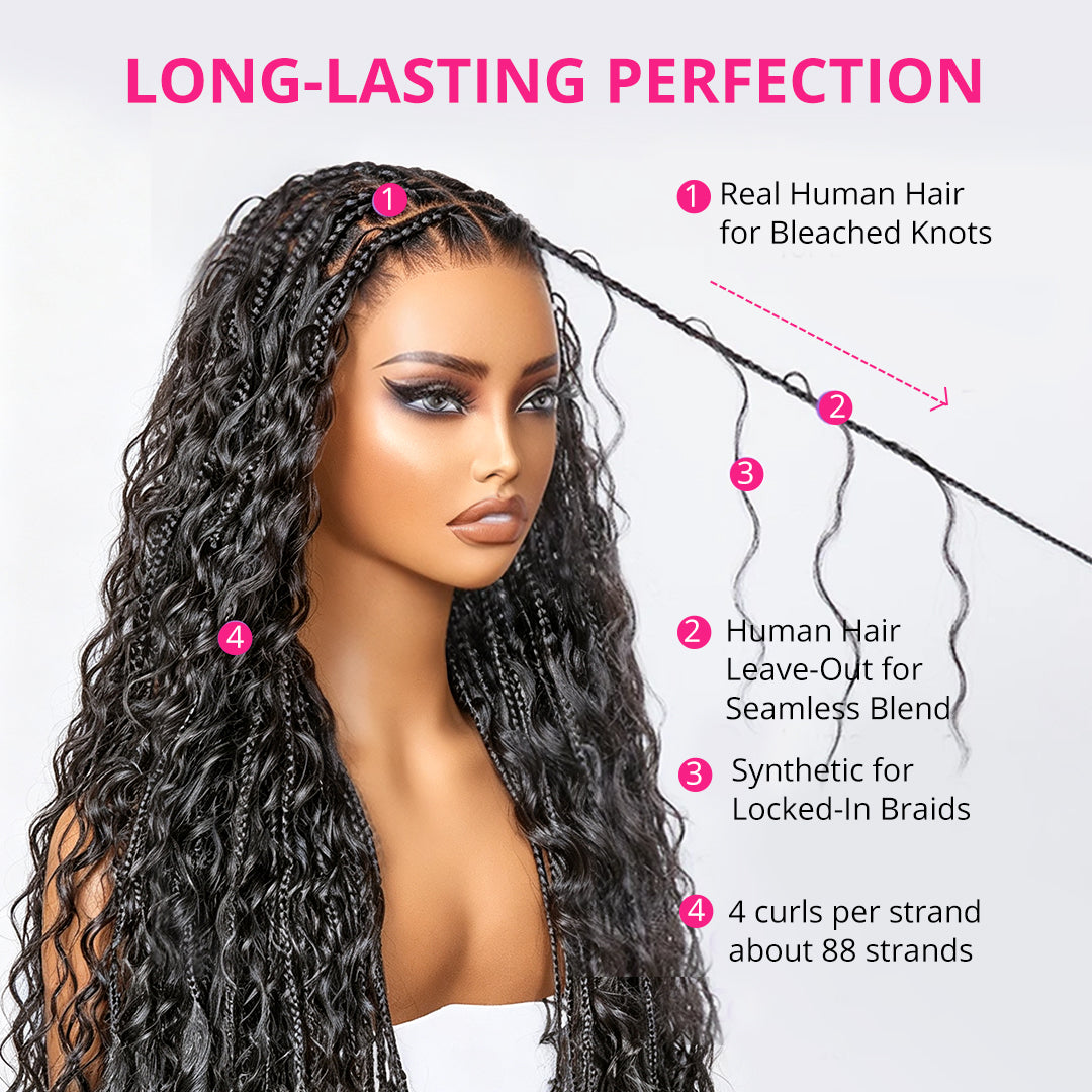 Zlike Light Weight Flexi-Fit Invisi Drawstring Cap Full Lace Knotless Boho Curls Braided Long Wig Super Natural Scalp Pre-Cut Lace
