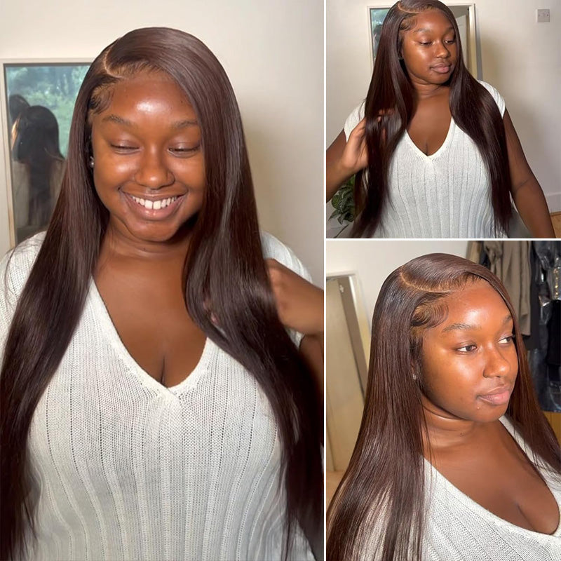 #4 Chocolate Brown Pre Plucked Silky Straight Transparent Lace Front Human Hair Wigs With Baby Hair