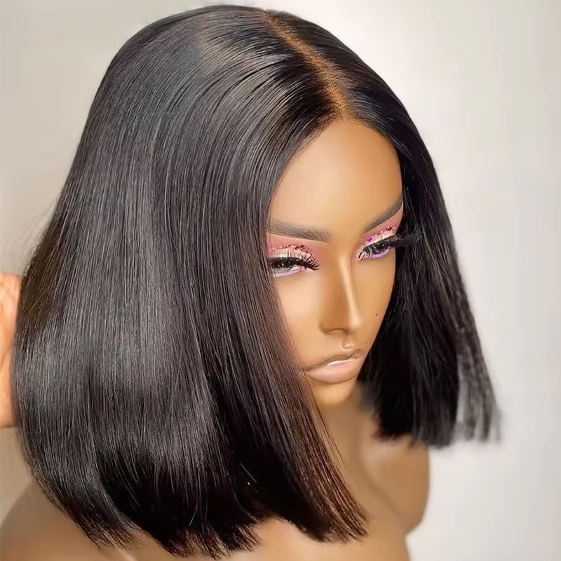 300% Density Bob Lace Wig Pre Cut Straight Human Hair Lace Closure Wigs Bleach Knots