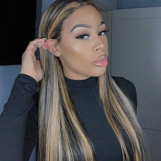 Balayage Highlight Colored Straight Wigs 13x4 Lace Frontal Wigs With Baby Hair