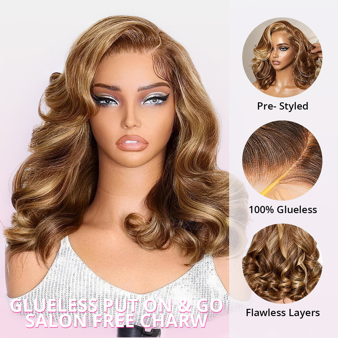 Zlile Blonde Highlight Pre-Styled Body Wave Ready To Go Glueless Layer Wavy Bob Wig With Baby Hair