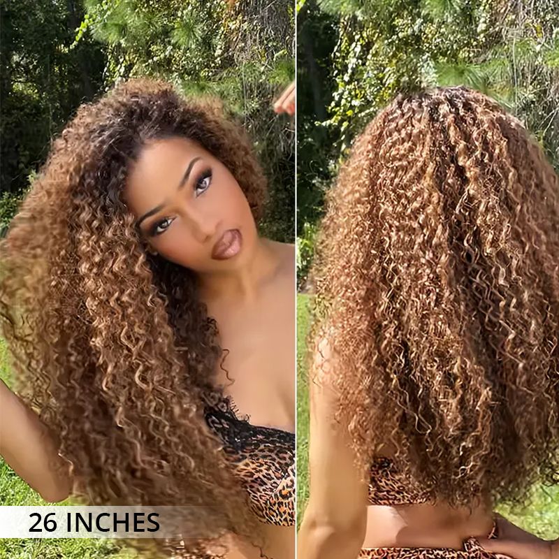 Zlike Golden Chestnut Curly Wigs With Dark Roots Human Hair Transparent Glueless Lace Front Wigs