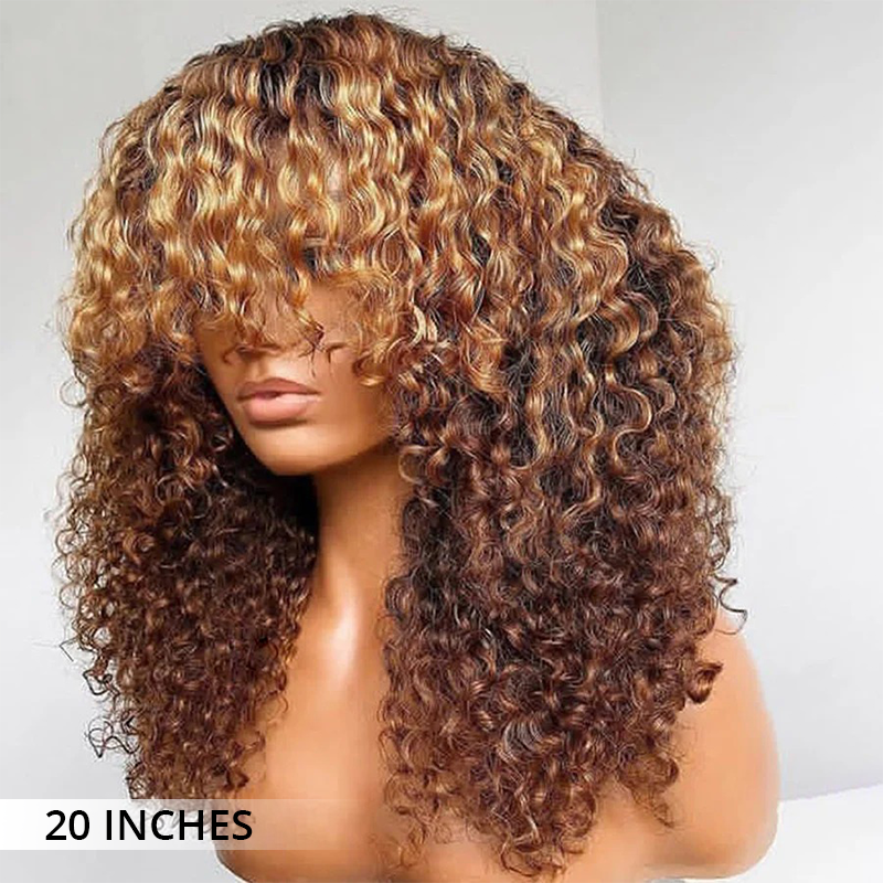 Zlike 300% Density Honey Blonde Highlight 13x4 Lace Front Jerry Curly Wigs With Bangs 100% Human Hair Wigs