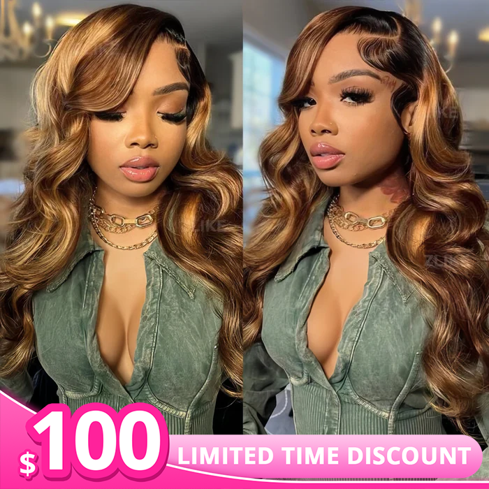 Black Roots Body Wave 4/27 Ombre Highlight Transparent Lace Frontal Human Hair Wigs