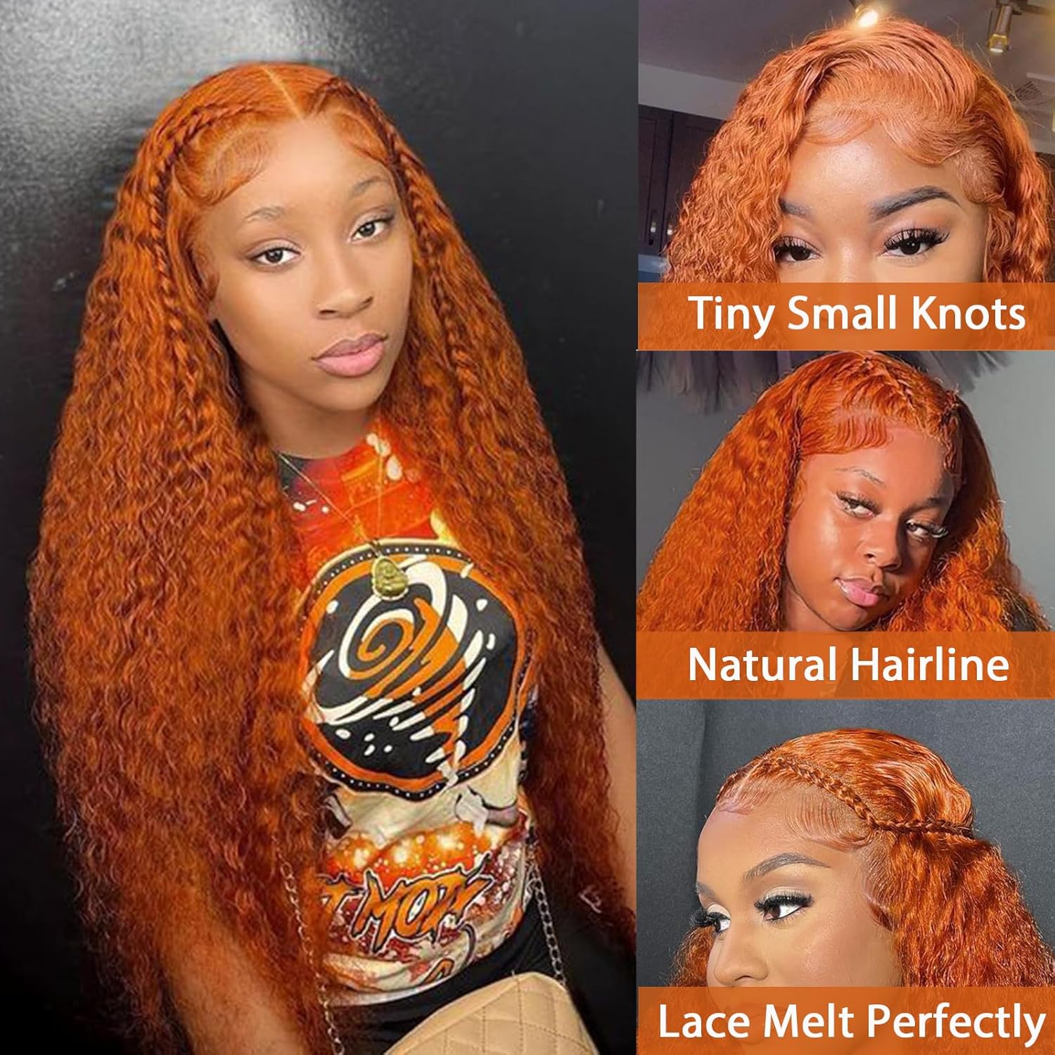 [ ZLIKE Amazon Clearance ] #350 Orange Colored Water Wave Human Hair Wigs Pre Plucked Transparent Lace Front Wig