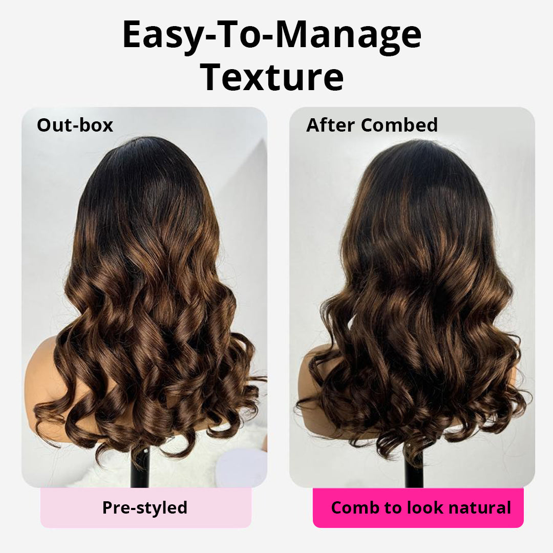Zlike Hair Balayage Ombre Colored Body Wave Wigs 250% Density Side Part Layered Cut Lace Closure Wigs