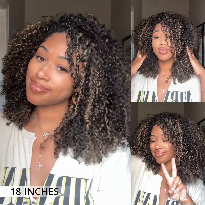 Zlike Highlight Brown Kinky Curly Half Wig Draw-strings Flip Over Wigs 100% Human Hair