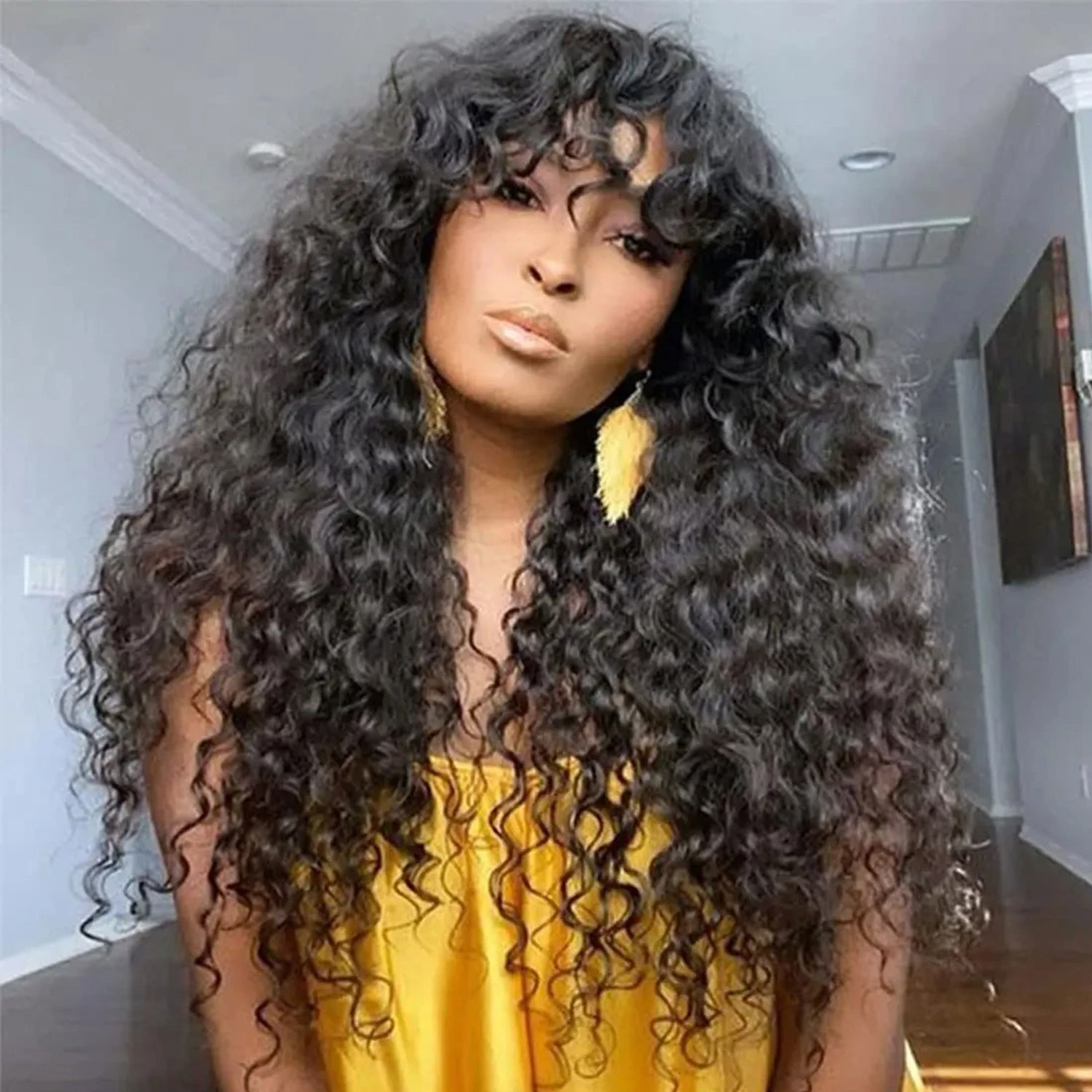 Zlike Curly Wave Wig With Bangs Natural Color Human Hair Glueless Wigs