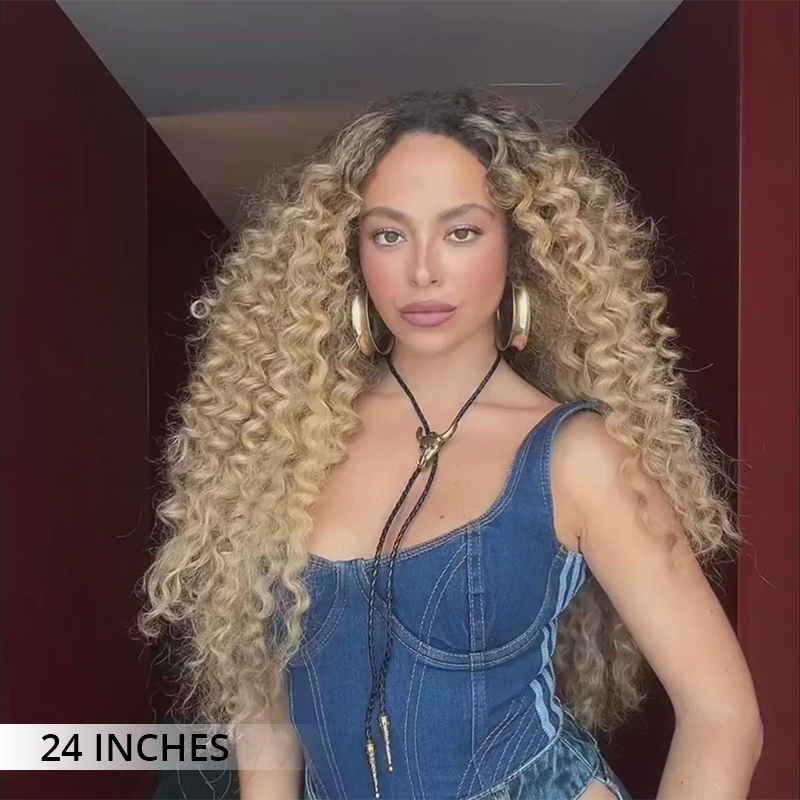 Zlike Spiral Loose Curls Wigs Honey Blonde With Dark Roots Human Hair Transparent Lace Front Wigs