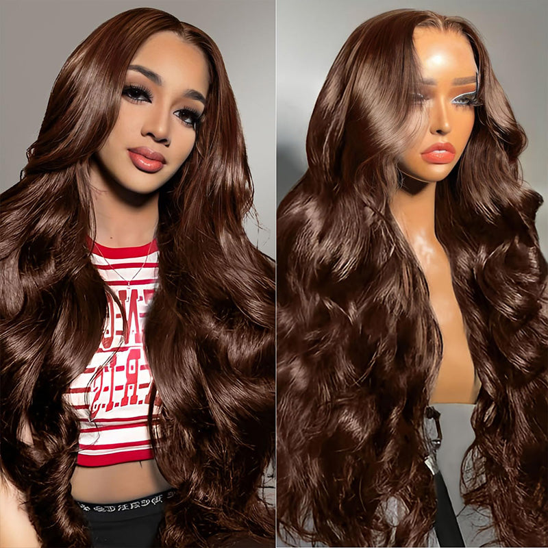 High Density #4 Chocolate Brown Body Wave Lace Front Wig  Pre Plucked Human Hair Wigs