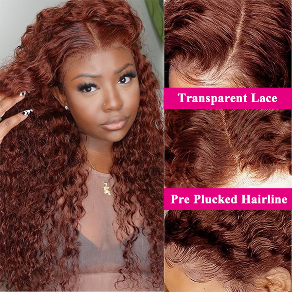 Water Wave Transparent Lace Front Wig Reddish Brown Human Hair Wigs With Baby Hiar