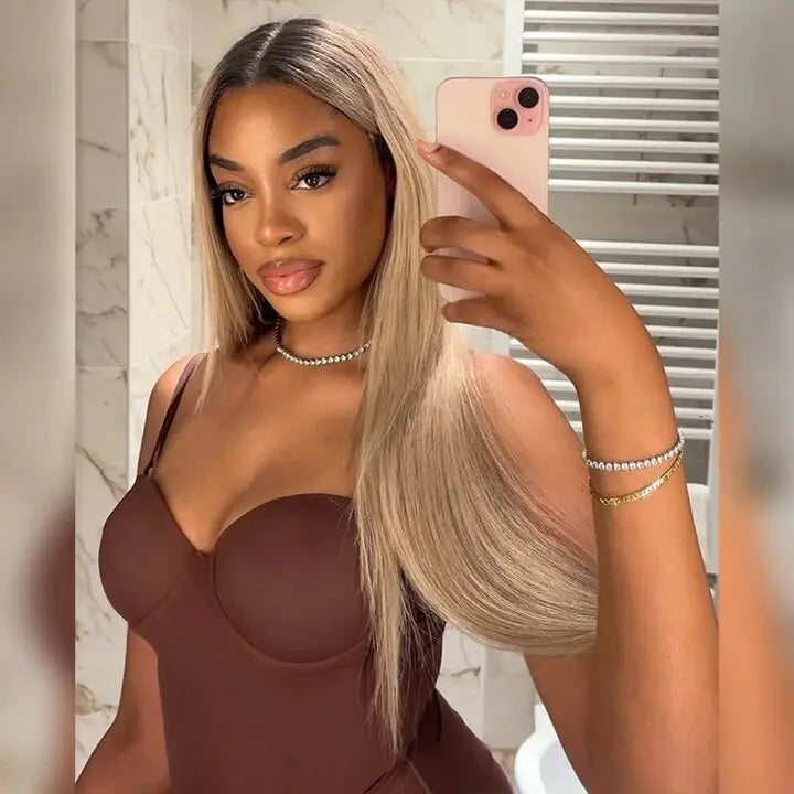 Zlike Ash Blonde Wigs with Dark Roots Drawstring Glueless 13x4 Transparent Lace Human Hair Wigs