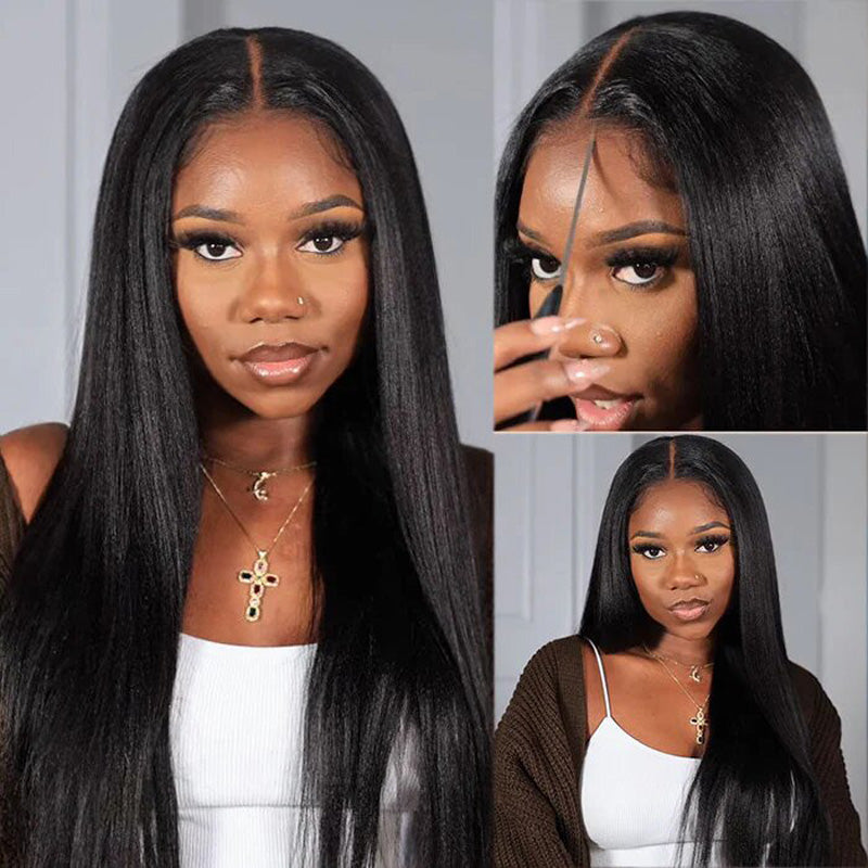 Glueless Lace Closure Wigs Yaki Straight Pre Cut Wear Go Human Hair Wigs With Baby Hair