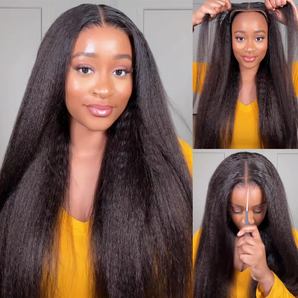 Glueless Lace Closure Wigs Yaki Straight Pre Cut Wear Go Human Hair Wi