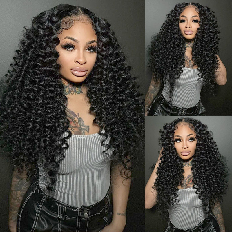 Super Bouncy Deep Curly Lace Wig Bleached Knots Human Hair 250% Density Transparent Lace Closure Wigs