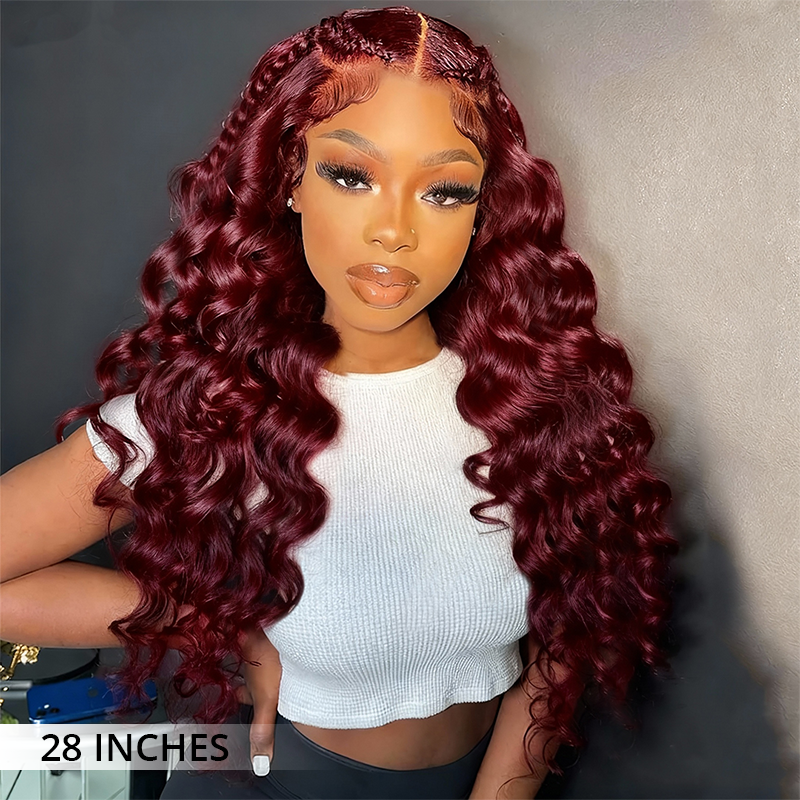 Zlike 300% Density 99J Burgundy Loose Deep Wigs Transparent Lace Front Virgin Human Hair Wigs