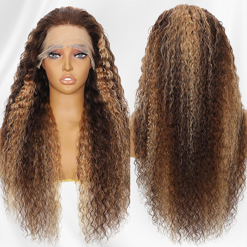 Natural Hairline Kinky Curly Lace Wig #4/27 Honey Blonde Highlights Colored Human Hair Wigs