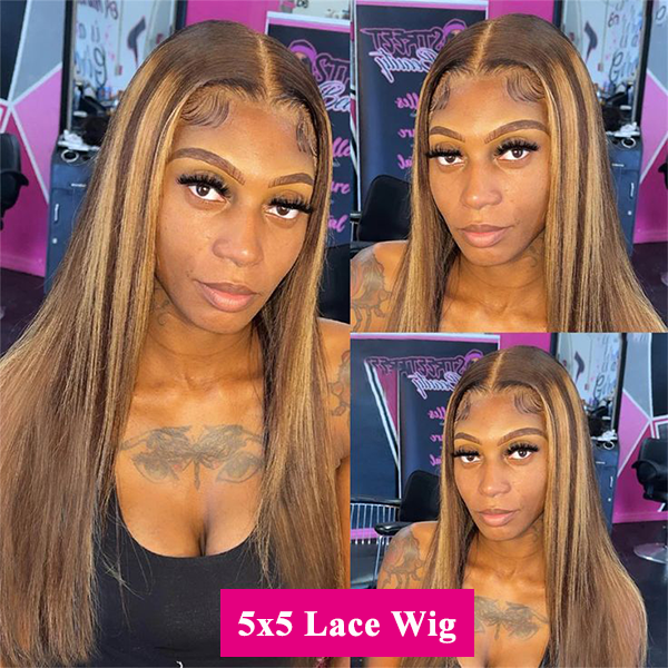 #4/27 Honey Blonde Highlights Straight Transparent Lace Closure Wig Glueless Human Hair Wigs